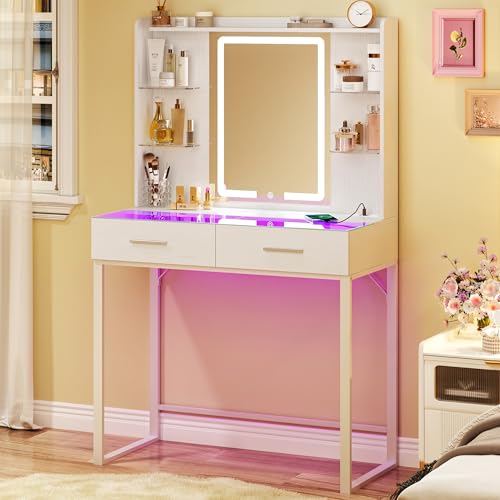 HUAHUU Vanity Desk with Mirror and LED Lights, 31' Small Makeup Vanity with Glass Top & Power...