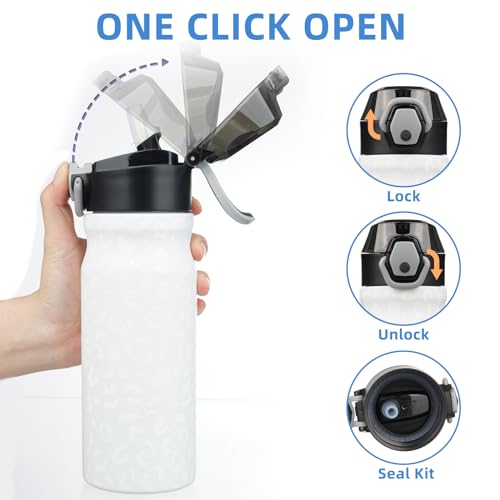 Image of BJPKPK 18 oz Water Bottle with Straw & Handle, Insulated Stainless Flask | Leak Proof Locking Lid, Thermal, Double Wall Vacuum, Metal, Keeps Hot /Cold, BPA Free, Travel & Sports, Cream Leopard