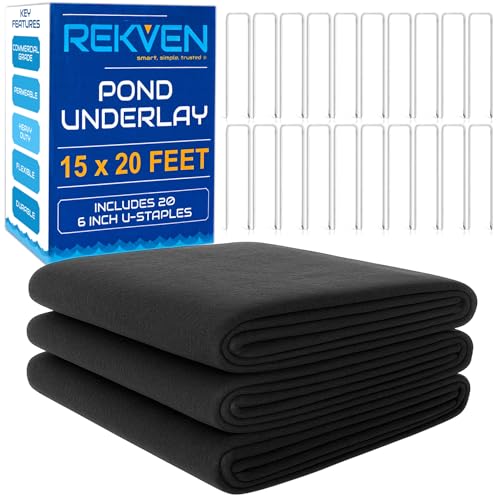 REKVEN Pond Liner Underlayment - 15 x 20 Feet - Non Woven Geotextile Landscaping Fabric with 20 U-Pin Garden Staples - Perfect for Fish Koi and Preformed Ponds Fountains Waterfalls