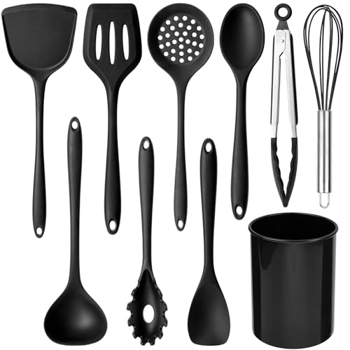 HANSGO Silicone Cooking Utensils Set - 446°F Heat Resistant Kitchen Utensils Set, 10PCS Kitchen Gadgets with Hanging Hole for Nonstick Cookware, Dishwasher Safe, Black
