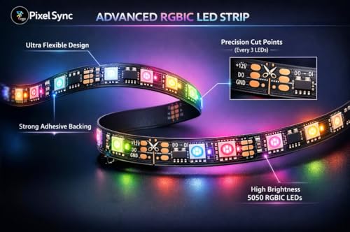 Image of Smart RGBIC LED Strip Lights 5 Meter with App Control, Music Sync, 140+ Dynamic Modes, 16 Million Colors, DIY RGB Lights for Bedroom, Gaming Room, TV, Ceiling & Home Decoration