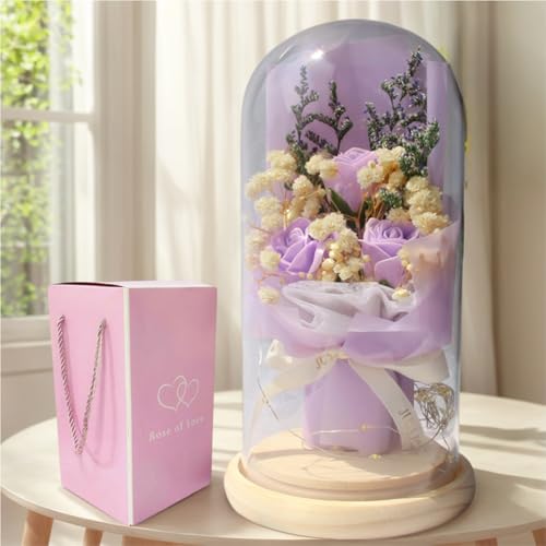 CUAMORYU ミニ ブーケ ソープフラワー LED ライト バラ造花 薔薇 花束 プレゼント 誕生日 退職 女性 人気 ギフト お祝い,紫