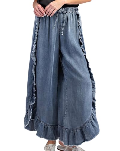 Jeans for Women 2024 Summer Boho Ruffles Raw Hem Drawstring Wide Leg Denim Pants - Main Image