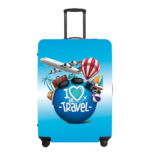 Image of inchI Love to Travel inch Luggage Cover Set, Adventure Themed Suitcase Protector with Passport Stamp Prints, Elastic Fit for 18-32 Inch Bags, Wanderlust Gifts for Couples