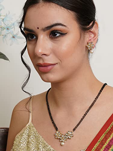 Karatcart Gold Plated Handcrafted White Pearl Floral Kundan Mangalsutra with Earrings For Women - Image 2
