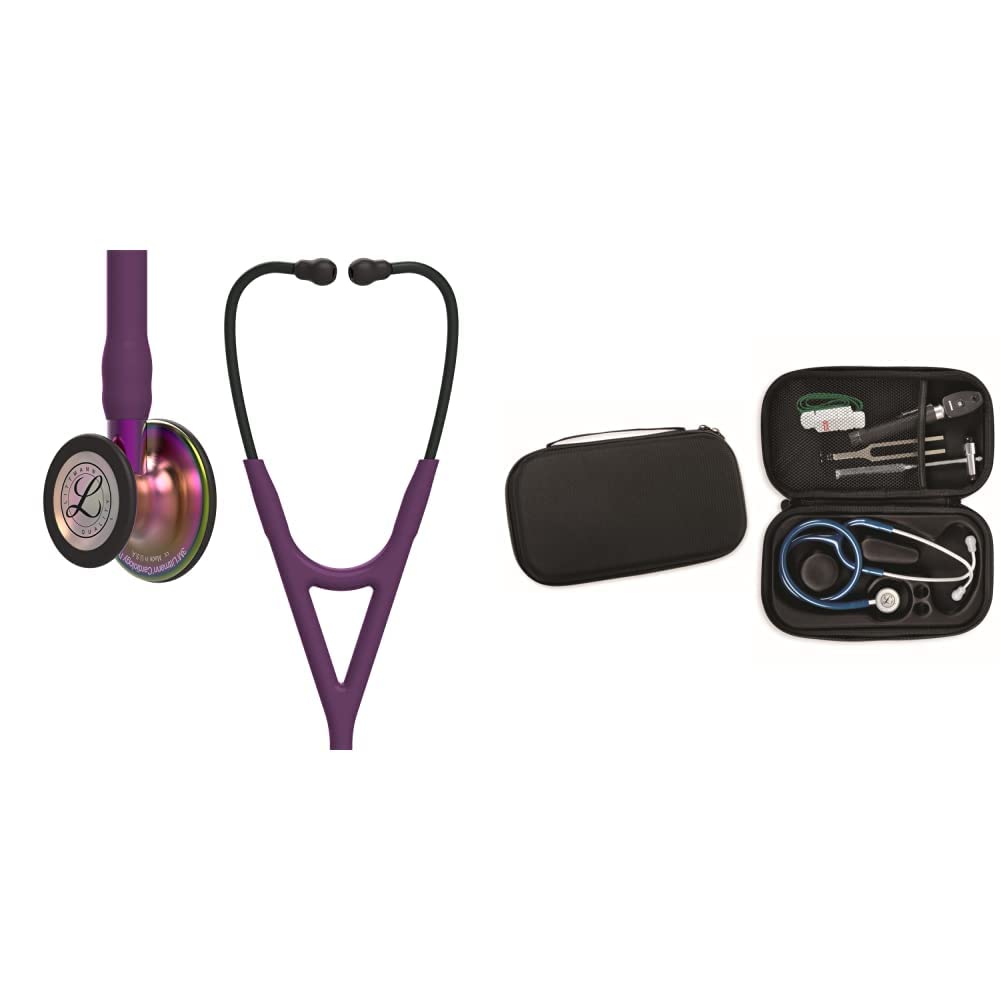 3M Littmann Cardiology IV, Stetoscopio diagnostico, testina con finitura arcobaleno, tubo auricolare prugna, connettore viola, archetto nero, 6204 + GIMA ASTUCCIO PORTA FONENDO, Nero, Professionale