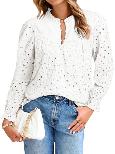Simplee Womens Casual Tops Blouse 2025 Eyelet Embroidered Puff Long Sleeve Fall Top Dressy Lace Button Shirts