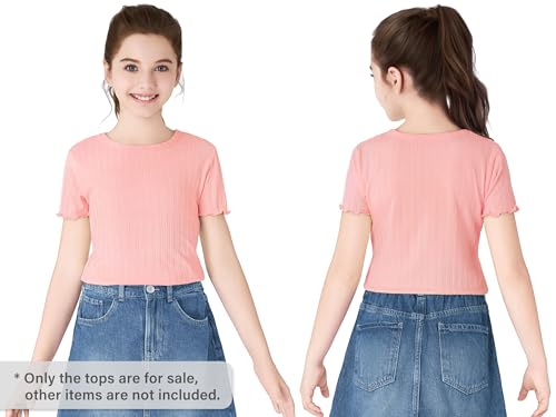 2 Pack Girls Lettuce Trim Tee Shirts - Light Blue Ditsy Floral & Pink Pointelle Knit Blouse Tops Size 6-163