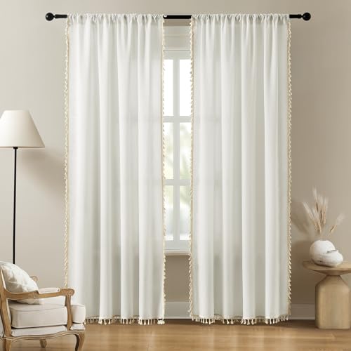 HOMEIDEAS Ivory Cream Boho Curtains for Bedroom, Farmhouse Linen Sheer Curtains 96 inches Length 2 Panels Set, Rod Pocket Privacy Light Filtering Living Room Country Rustic Drapes — view 2
