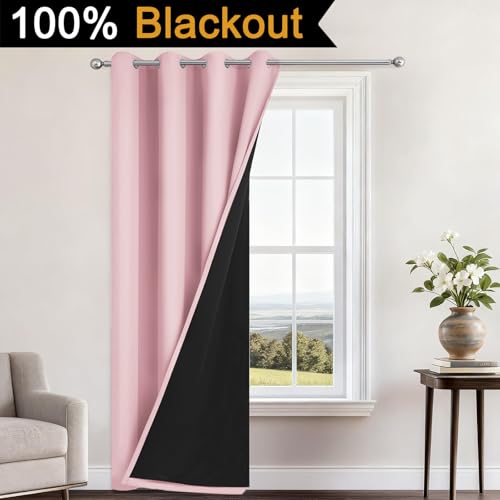 Image of Yakamok Pink Blackout Curtains 84 Inches Long for Bedroom 52 inch Wide 1 Panel | Blackout Curtain Panels for Bedroom, 2 Thick Layers Grommet Top Thermal Insulated Drapes with Black Liner for Living Room