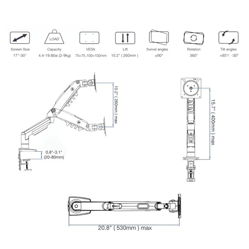 Image of SYGA F80 Gas Spring Monitor Mount, 17-30 Inch Screen, Heavy Duty Single Arm Desktop Stand, 2-9kg Load Capacity
