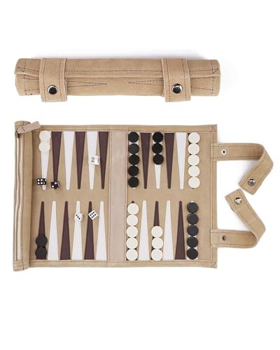 Backgammon Voyage 11 Pouces (28 Cm) - Set Complet Avec Plateau Cuir, 30 Pions, 4 Dés, Dé Doubleur, Gobelets - Étui Transport Avec Poignée - Jeu Stratégique Familial