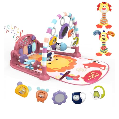 Image of dearlomum Baby Play Mat Gym,Funny Play Piano Tummy Time Activity Gym Mat with 5 Infant Sensory Toys and 2 Baby Soft Rattles, Boy & Girl Gifts for Newborn 0 to 3 6 9 12 Months(Pink)