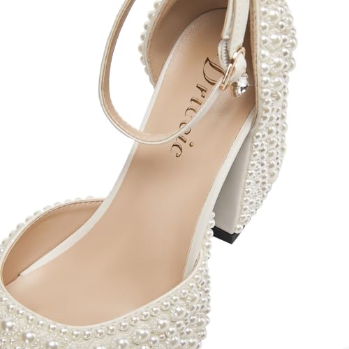 Women's open-toe pearl high-heeled sandals Chunky Buckle Ankle Strap Wedding Heeled Sandals Dress Evening Bride Shoes4