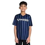 Messi Boys' Lifestyle Short Sleeve Top, Loose-fit V-Neck Shirt with Logo, Comfortable, Striped V-Neck TOP - Dress Blue, 10-12