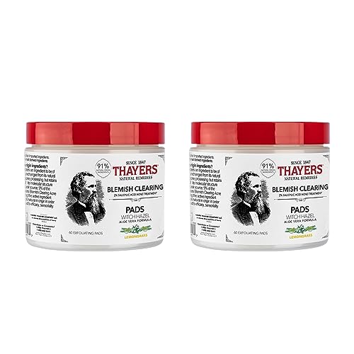 THAYERS Blemish Clearing Acne Pads, Salicylic Acid Acne Treatment for Face, Pore Reducing, Exfoliating, and Soothing Skincare, Witch Hazel Toner Pads, 60 Ct (2 Pack)