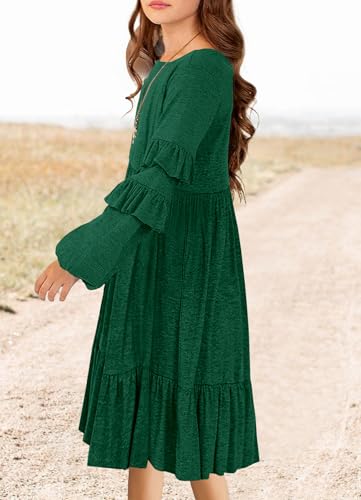 MITILLY Girls Boho Long Sleeve Dress Crewneck Ruffle Swing Casual Loose Flowy Tiered Midi Fall Winter Dress with Pockets4