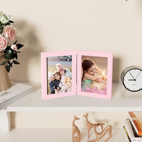 decorUhome Double 5x7 Picture Frame Vertical, Engineered Wood Bifold Photo Frame with Plexiglass for Tabletop Display, 5x7, Pink