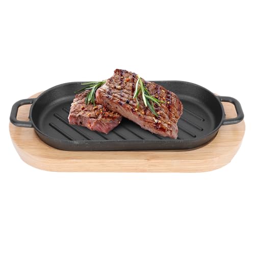 OSALADI Plaque de Cuisson en Fonte Rectangulaire 22X11 CM Profondeur 2 CM Plat à Steak Antiadhésif Planche en Bois pour Grillades Teppanyaki et Cuisson de Poisson