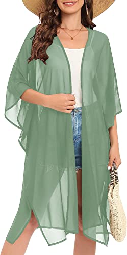 Image of Indian Trendy Women's Solid Puff Sleeve Kimono Long Cardigan Loose Cover Up Casual Blouse Top Chiffon