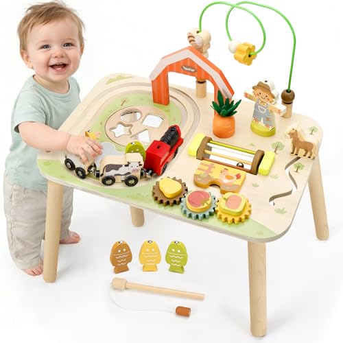 Image of Vanplay Activity Table for 1 2 Year Old Boy Girl Birthday Gifts | 10 in 1 Farm-Themed, Upgraded Large Size, Learning Activities with Fishing /Shape Sorte / Animal Train Track for Toddler 1-3