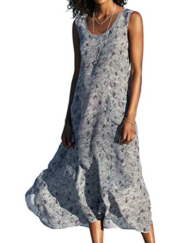 Onsoyours Femmes Robe D'Été Mi-Longue À Bretelles Bohème Floral Bouton Robe Plage sans Manches Col V Casual Simple Elegante Chic Soirée Vintage avec Poche Gris XXL
