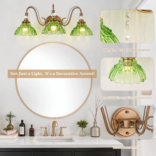 Image of Vintage Bathroom Vanity Light, 3-Light Matte Antique Brass Finish Wall Sconce with Hanging Crystal Accents and Flower-Shaped Green Glass Shades, Retro Wall Mount Vanity Light Over Mirror for Bathroom