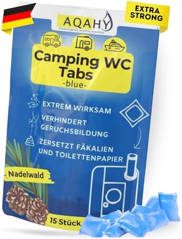 AQAHY Camping Toiletten Zusatz - Tabs blue extra stark – Nadelwald WC Drops - Chemietoilette Tabs entfernt unangenehme Gerüche - made in DE