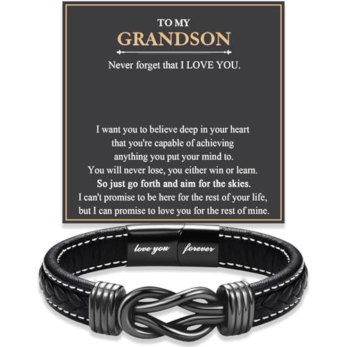 FIEEFX To My Grandson Bracelet Gifts for Grandson Leather Bracelet Christmas Birthday Valentines Fathers Thanksgiving Graduation Back to School Gifts for Grandson Men Boys
