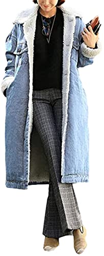 CHARTOU Women's Thicken Loose Sherpa Fleece Lined Button Down Long Denim Jacket Overcoat