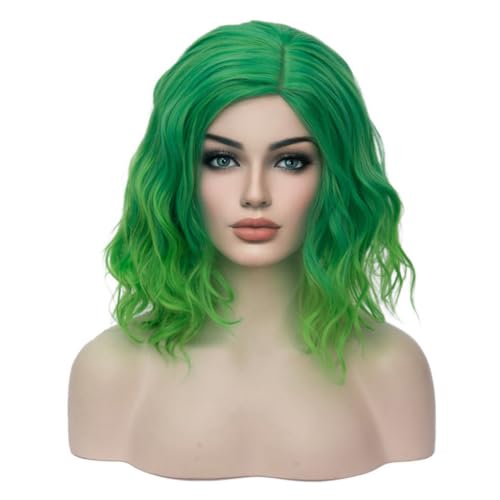Image of BERON Green Wigs for Women Short Curly Bob Wavy Wig Girls Ombre Green 14 inch Body Wave Shoulder Length Hair Wig Heat Resistant Synthetic Halloween Cosplay Daily Party Wigs