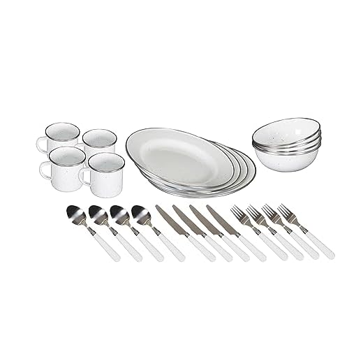 Stansport Enamel Camping Tableware Set-24 Pieces-White with Blue Specs