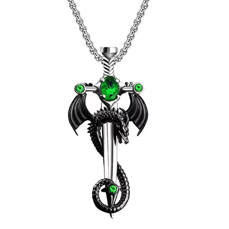 Gothic Sword Dragon Necklace for Men Women,Vintage Dragon Wrapped Sword Cross Pendant Necklace Punk Shiny Zircon Dragon Pendant Necklace Dark Gothic Jewelry
