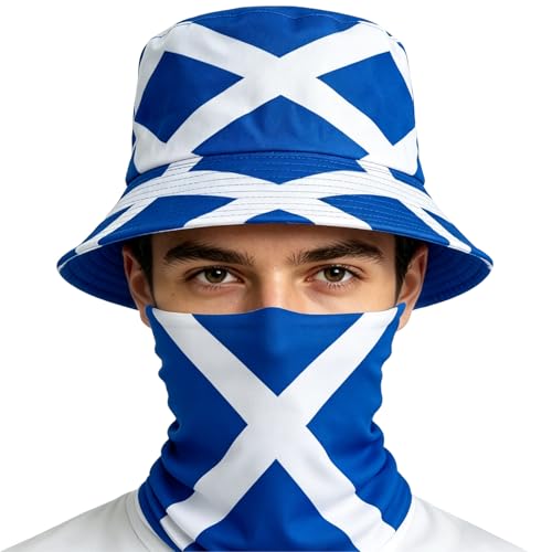 Jidkhfk World Cup Football 2026 Scotland Bucket Hat St Andrews Cross Sun Hat for Men Women World Cup Bucket hat Scotland Flag Face Mask for Outdoor Travel Sports St Andrews Day Decoration