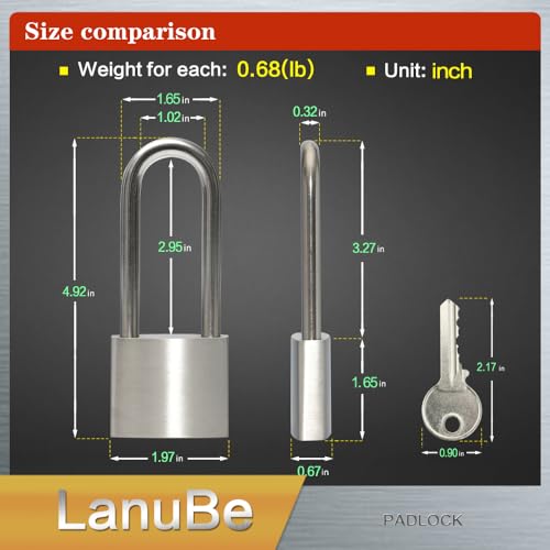 Image of LanuBe 304 Stainless Steel Keyed Alike Padlocks for Outdoor use, Pin Tumbler Padlock, 2 inch Wide Body, Stainless Steel Body Long Shackle, Pack of 1