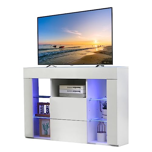 YOLEO TV Lowboard Eckschrank Board Fernsehtisch Eckkommode mit LED Beleuchtung Weiß Hochglanz mit Klappe 100x68x40 cm