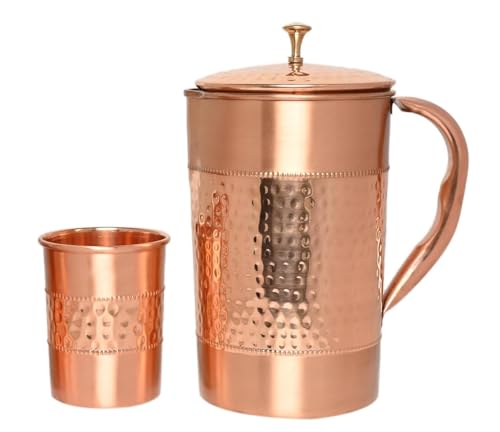Image of KC Pure Copper Hammered Water Jug with Glass Set, 1500 ml Jug with 250 ml Glass, Lacquered Finish, Health Benefits Drinkware, 2 Piece Set