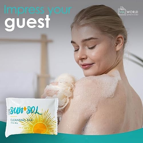 World Amenities - Sun + Sol Bulk Luxurious Cleansing Bar With Warm Coconut & Vanilla Fragrances, Pleat Wrapped Travel Size Toiletries, Mini Hotel Amenities