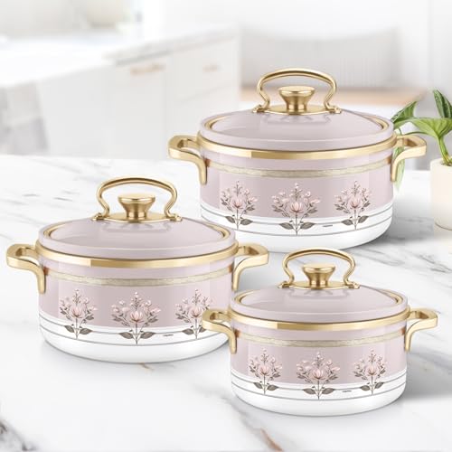 Image of Nayasa Rachel Casserole- Big Set of 3, 1000, 1500, 2000 ML | BPA Free | Food Grade | Easy to Carry | Easy to Store | Hot Pot for Kitchen | Roti Box | Pink