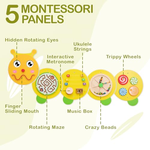 Monläurd® Caterpillar Montessori Busy Board,Sensory Board,Educational Toys,Activity Cube,Wall Toys,Daycare Furniture,Playroom Furniture,Interactive Toys,Wooden Toys,Learning Toys,Boys and Girls 6 M+
