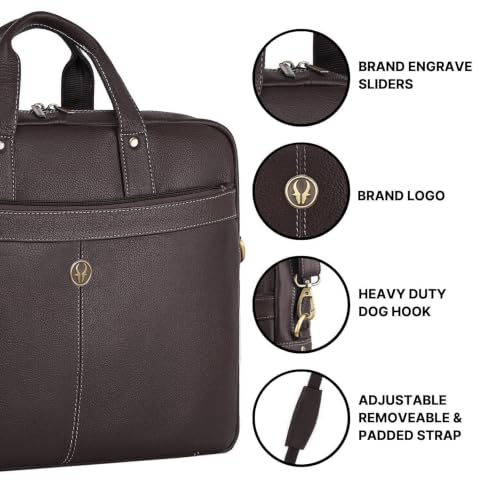 Image of WildHorn Genuine Leather Office Bag | 15.6-Inch Laptop Bag | Professional Leather Bag with Adjustable Straps, Multiple Compartments & Front and Back Zippers | 1-Year Warranty