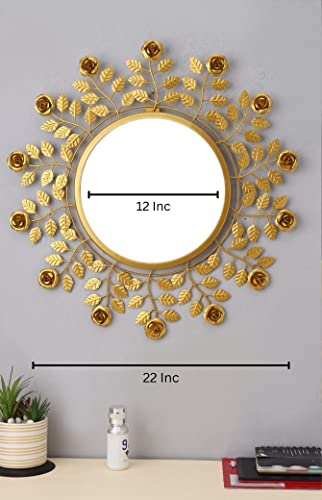 Image of Artemade Golden Iron Framed Round Wall Mounted Mirror - Vintage Flower & Leaf Design Decorative Hanging Mirror for Living Room, Bedroom & Home Decor | Modern Art Accent Mirror
