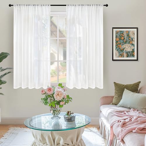 Image of BGment White Linen Curtains 48 Inch Length for Short Window - Natural Semi Sheer Drapes Light Filtering with Rod Pocket for Living Room Bedroom Kitchen Lightweight Rustic, 2 Panels Set, 42 X 48 Inch