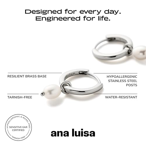 Image of Ana Luisa Frida Pearl Jewelry Huggie Hoops - Medium & Small 14K Gold Plated & Silver Rhodium Plated Drop Hoop Earrings with Freshwater Pearls - 2-in-1 Hypoallergenic Water-Resistant, Tarnish-Free Hoop