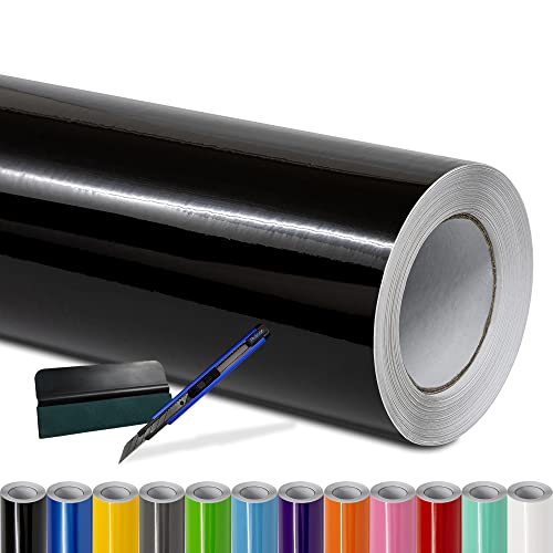 Folindo Autofolie Schwarz Glanz (23/m) - 50 x 152 cm - Selbstklebende Auto Lackschutzfolie mit Luftkanal Technik Blasenfreie Auto Folierung inkl. Rakel & Cutter Car Wrapping Folie