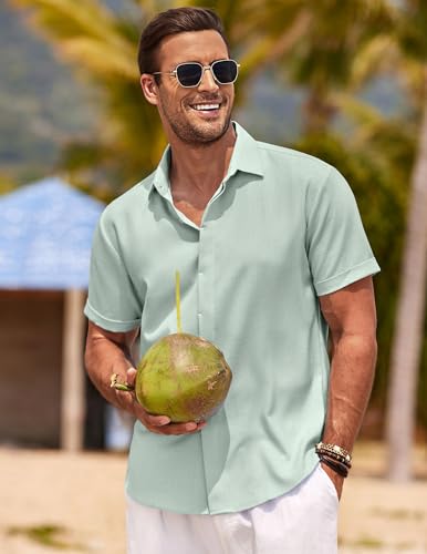 Image of COOFANDY Men's Linen Shirts Short Sleeve Casual Shirts Button Down Shirt for Men Beach Summer Wedding Shirt
