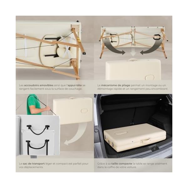 tectake® Table de Massage Pliante Professionnelle 2 Zones Ergonomique Massage et Relaxation Bois Table Esthetique Professionnel Lit de Massage Portable, Rouleaux & Housse de Transport - Beige