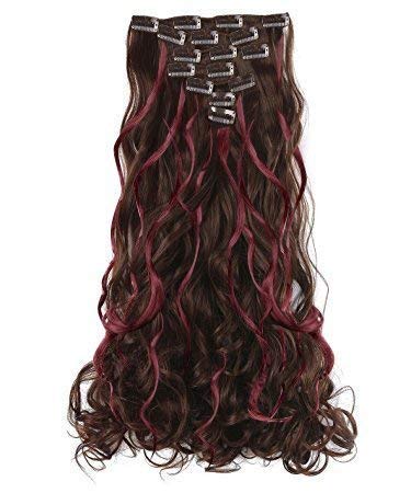 Ekan Clip on Curly 6 Pcs Synthetic Hair Extensions For Women and Girls Pack of 1 (Red highlight)-image-40
