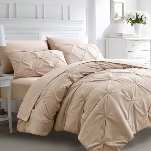 Ubauba 7pc Beige King Size Comforter Set with Sheets, 7 Piece Pintuck Bed in a Bag Ivory Bed Set with Comforter, Off White Bedding Comforters & Sets (Cream, King)