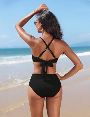 Image of Blooming Jelly Womens High Waisted Bikini Sets Tie Knot Tummy Control Swimsuits Two Piece Bathing Suit Textured Swimwear